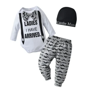 "Ladies I Have Arrived" Newborn Baby Boy Clothes Long Sleeve Bow Romper + Moustache Printed Pants +Hat