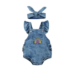 Summer Baby Girl Outfit – Rainbow Embroidered Denim Bodysuit with Matching Headband