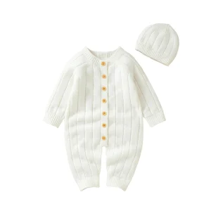 Infant Winter Knit Jumpsuit & Cap – Soft, Button-Front Romper for Cozy Days (0–18 Months)