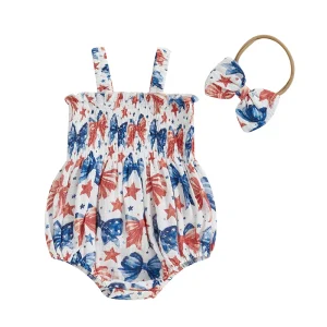 Toddler Girls Patriotic Romper – Sleeveless American Flag Jumpsuit with Bow Headband